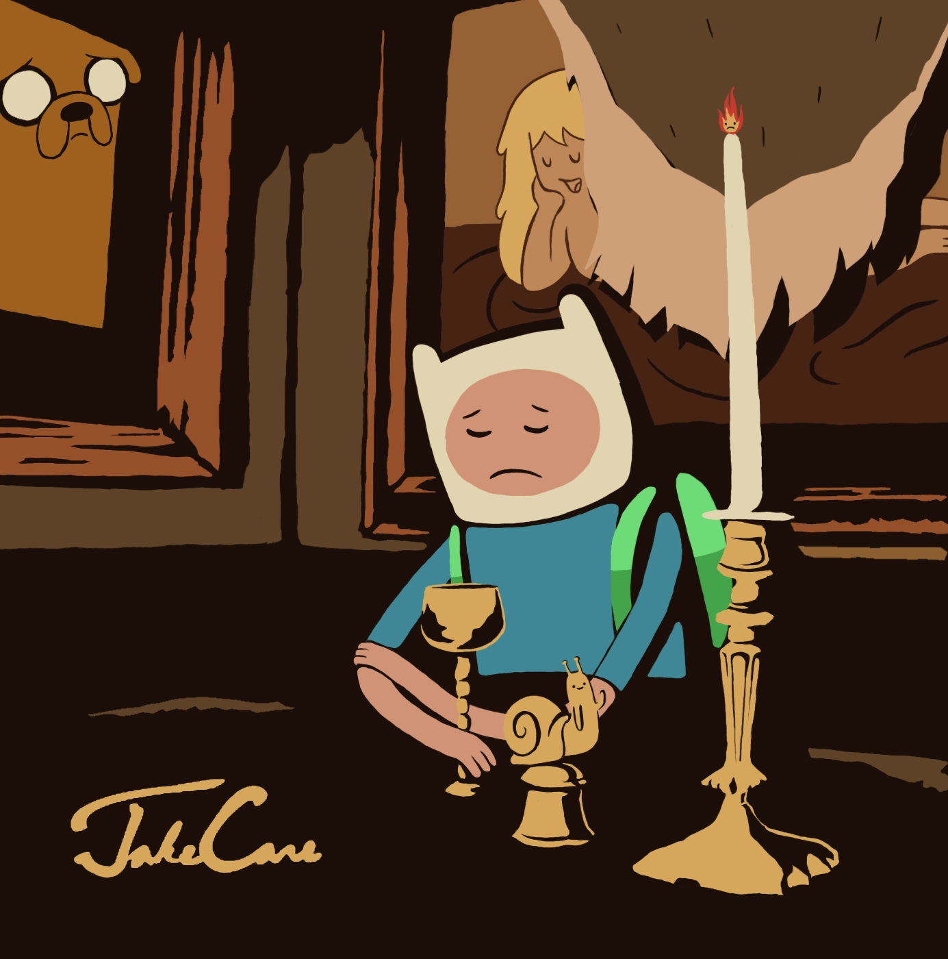 Jake Care parody album cover, Adventure Time cartoon style adaptation of Drake's Take Care artwork