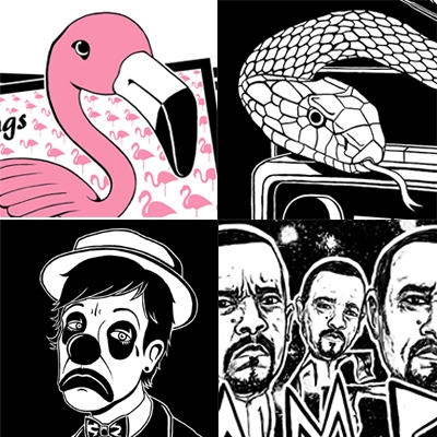 Band merch design collection thumbnail, illustrated stickers and t-shirt graphics for four bands