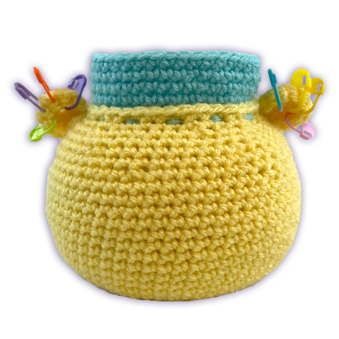 Back view of crochet bear desk organizer, yellow acrylic yarn with visible stitch texture