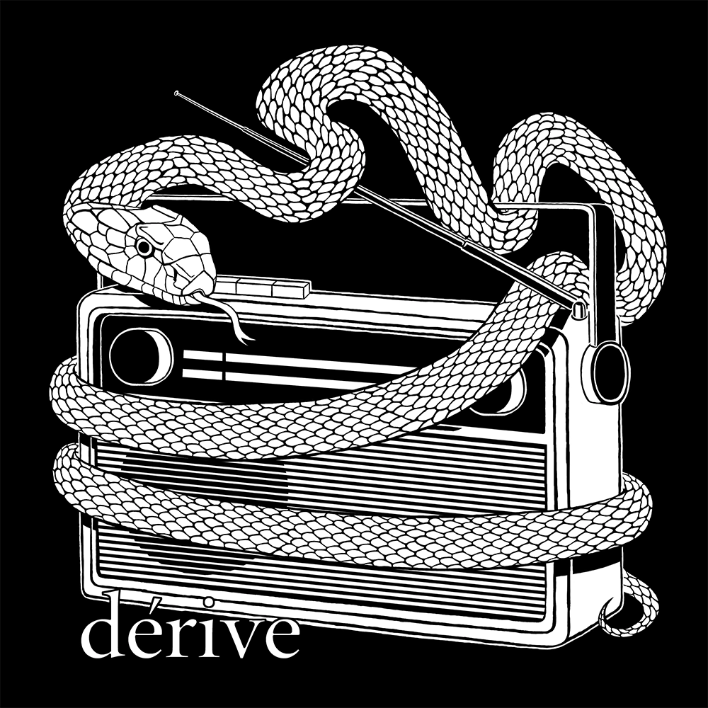 Derive band merch t-shirt design, illustration of a snake wrapped around a radio