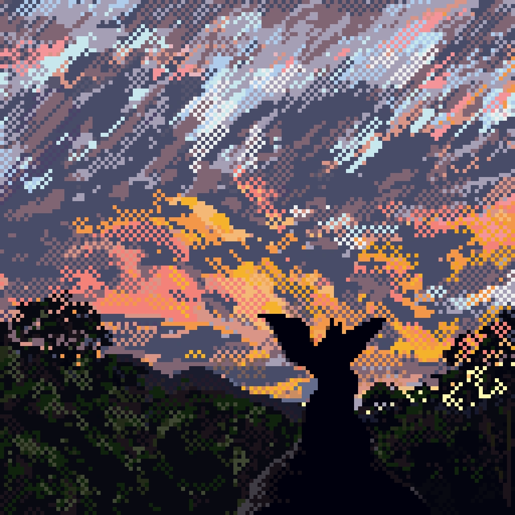 Adventure Suites pixel art thumbnail, New Hampshire hotel backyard sunset