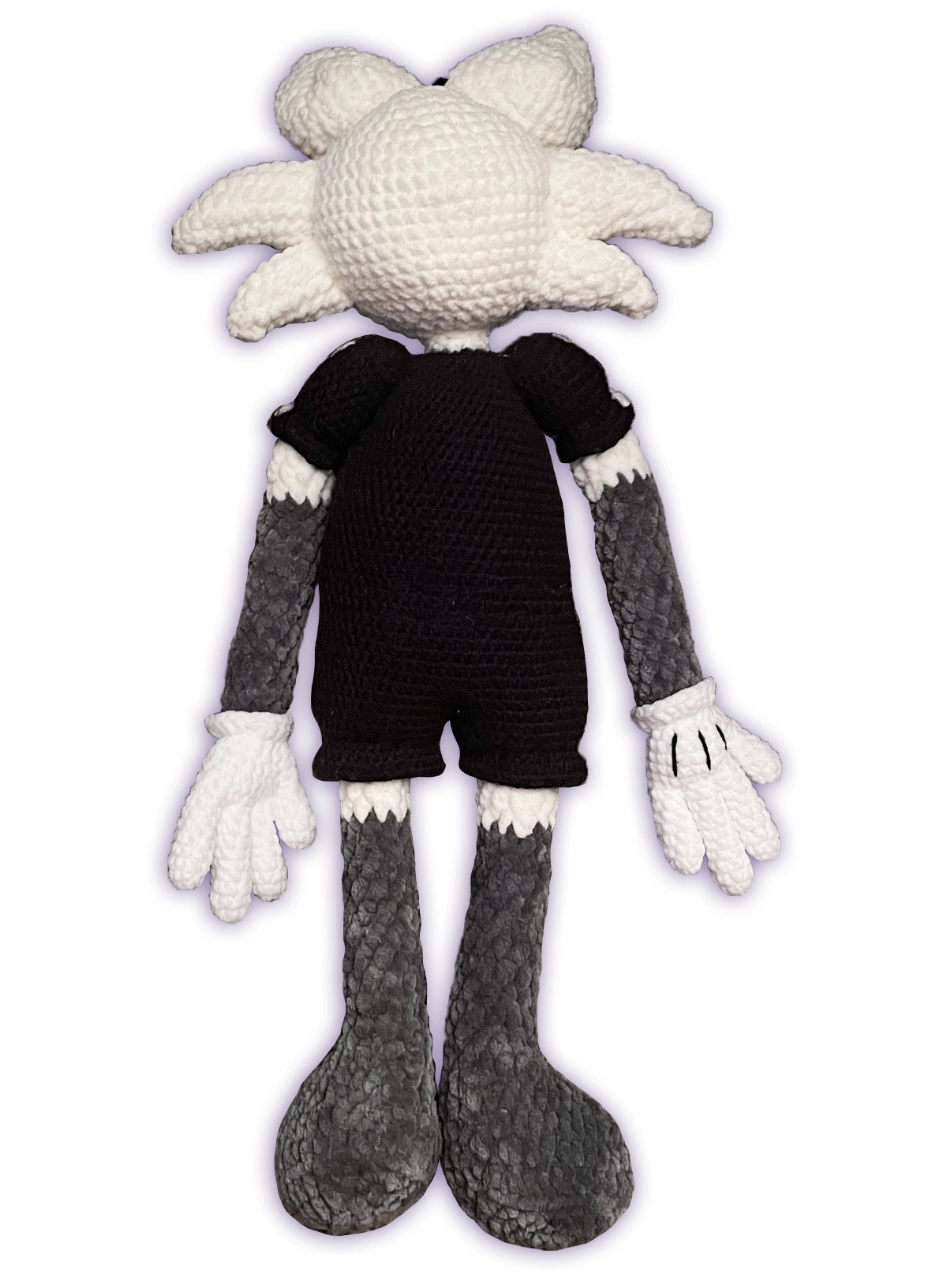 Back view of crochet fox toon plush, creamy-white and gray fox handmade construction