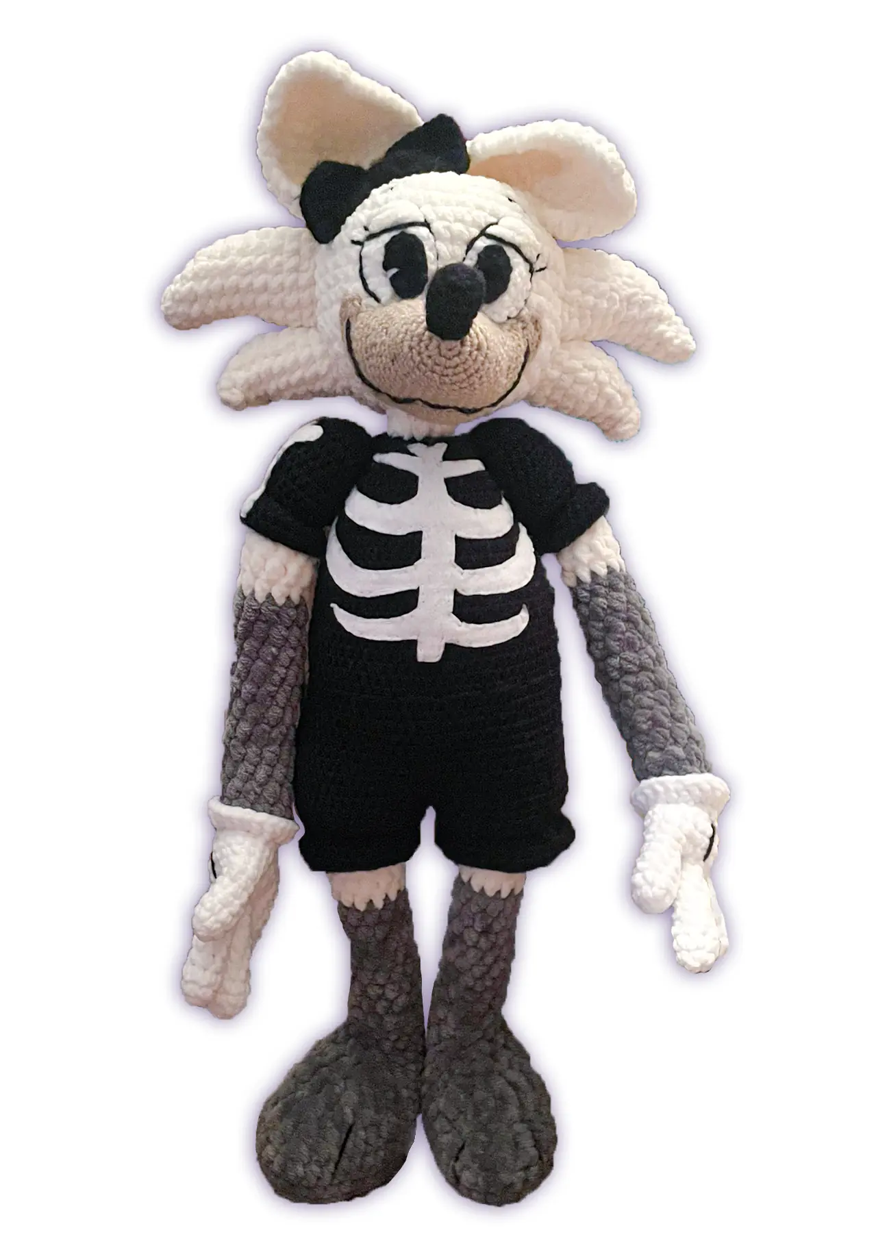 Handmade crochet fox toon plush, Corporate Clash character with black bow and hand-sewn felt skeleton shirt