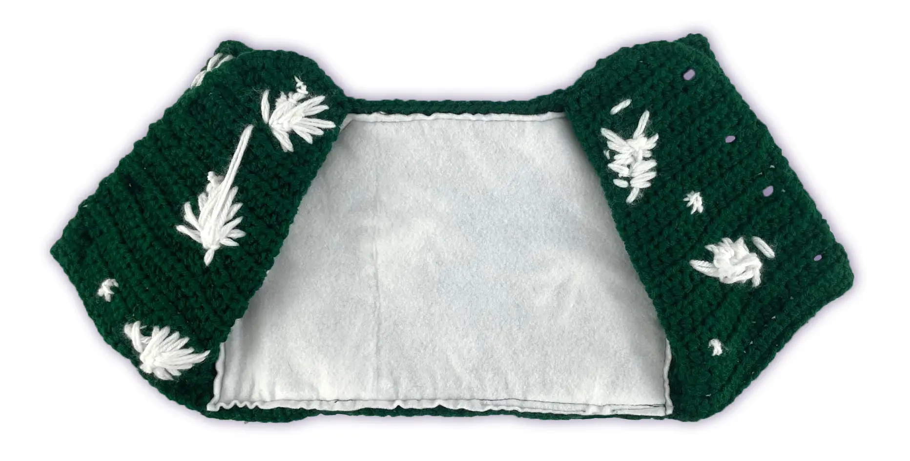Inside view of a crocheted shirt for a stuffed animal, showing the soft felt lining attached to the inner back.