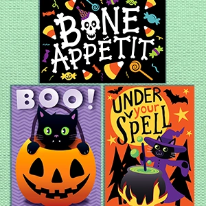 Thumbnail of phoneholm.art Halloween greeting card collection featuring Boo!, Under Your Spell, and Bone Appétit designs