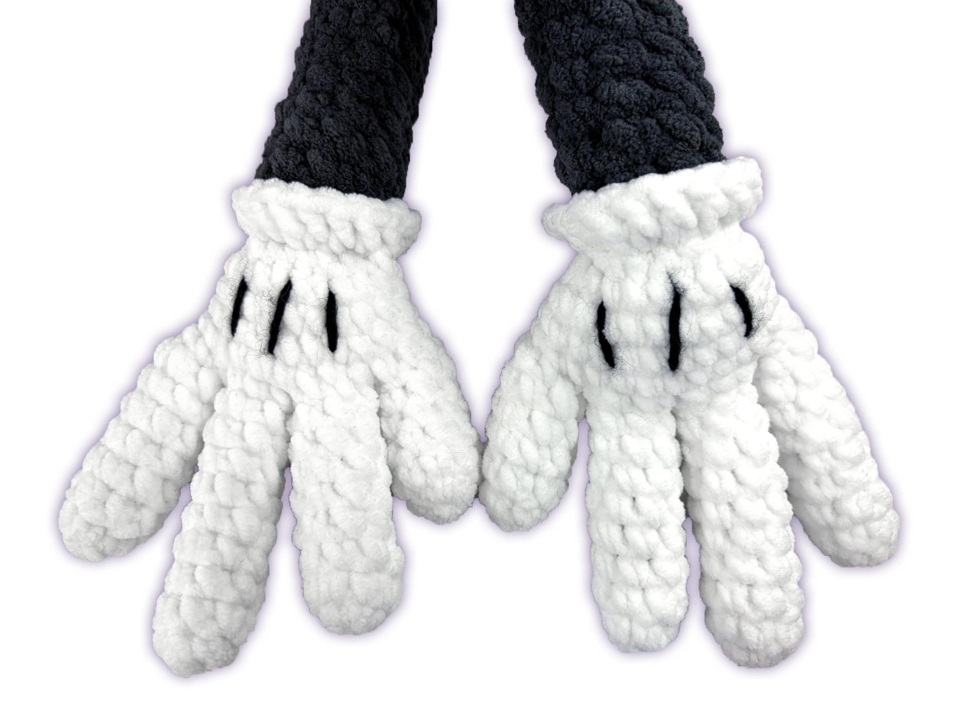 Close-up of Pancake crochet toon plush hands, handmade toon glove detail