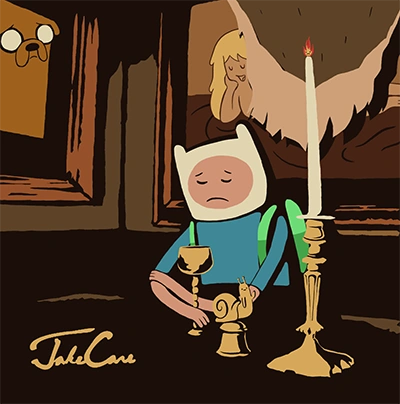 Jake Care album cover parody thumbnail, Adventure Time and Drake Take Care mashup illustration