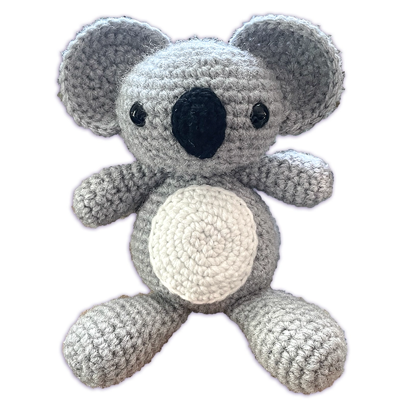 Handmade crochet koala plush toy, front view, gray and white amigurumi design under 6 inches tall