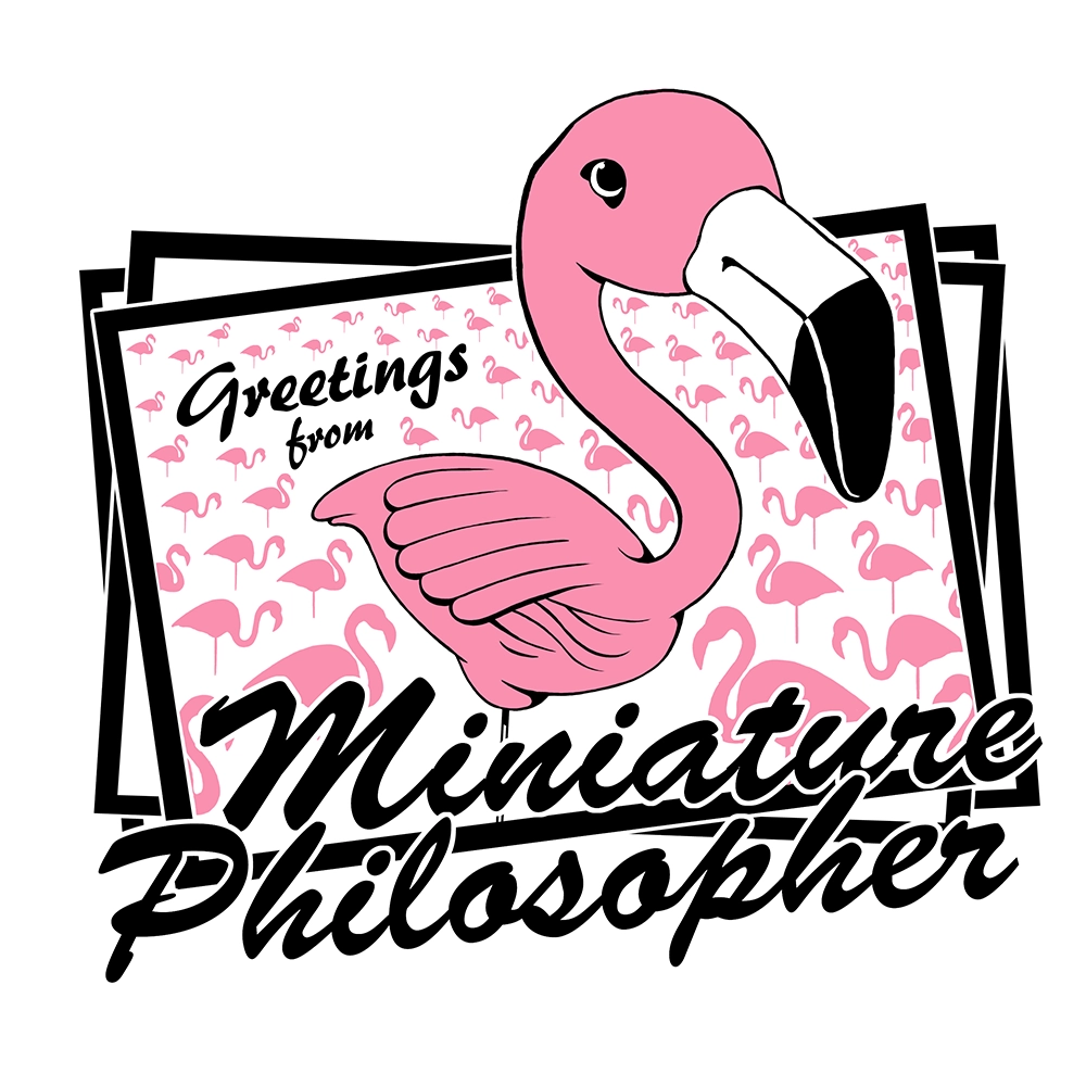 Miniature Philosopher band merch t-shirt design, flamingo emerging from postcard with greeting text