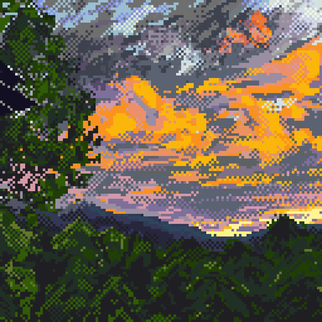 New Hampshire sunset pixel art thumbnail, landscape photo reimagined