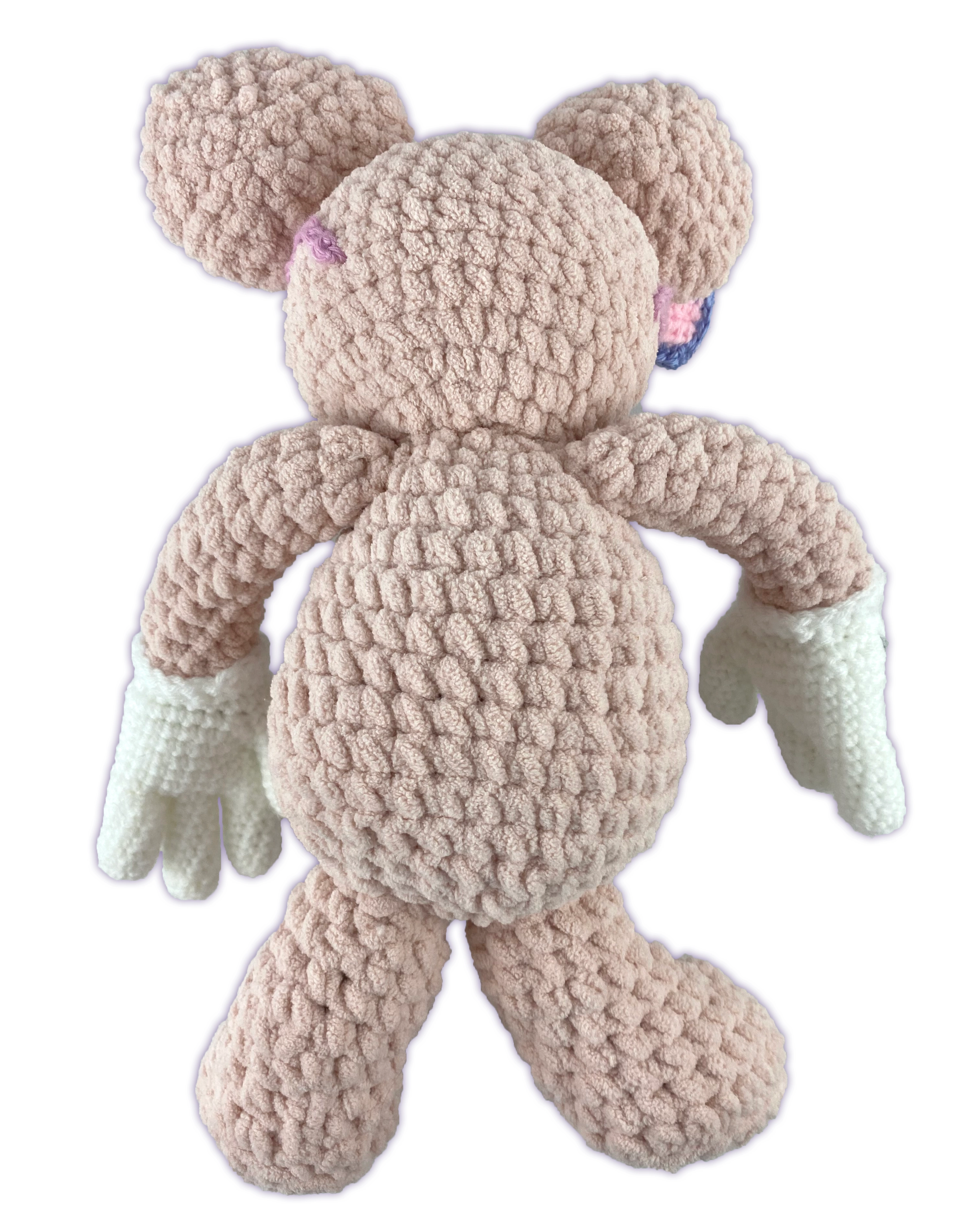 Back view of crochet mouse toon plush without wings, handmade toon body construction