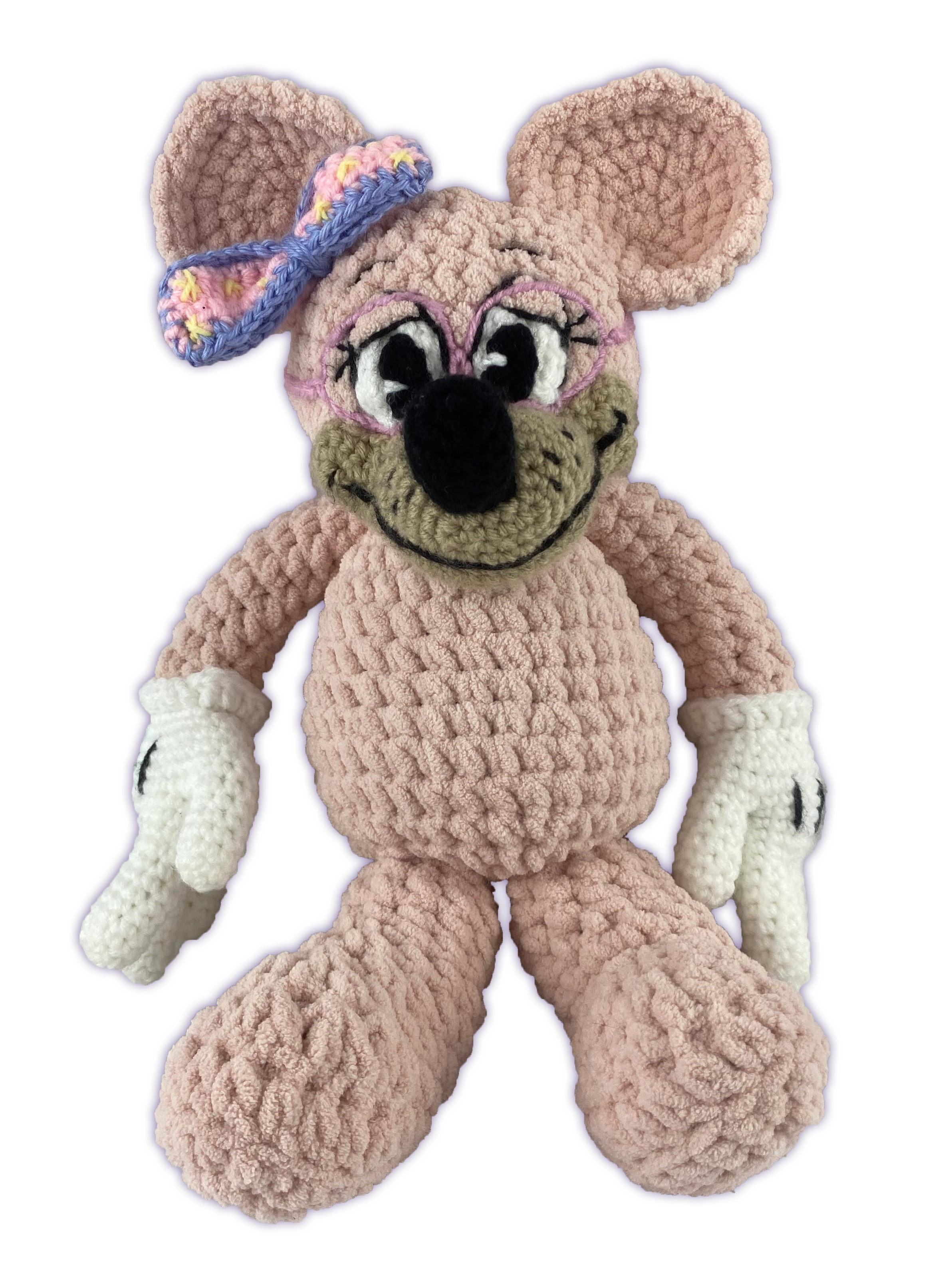 Crochet mouse toon plush without wings, front view showing sewn-on glasses and bow