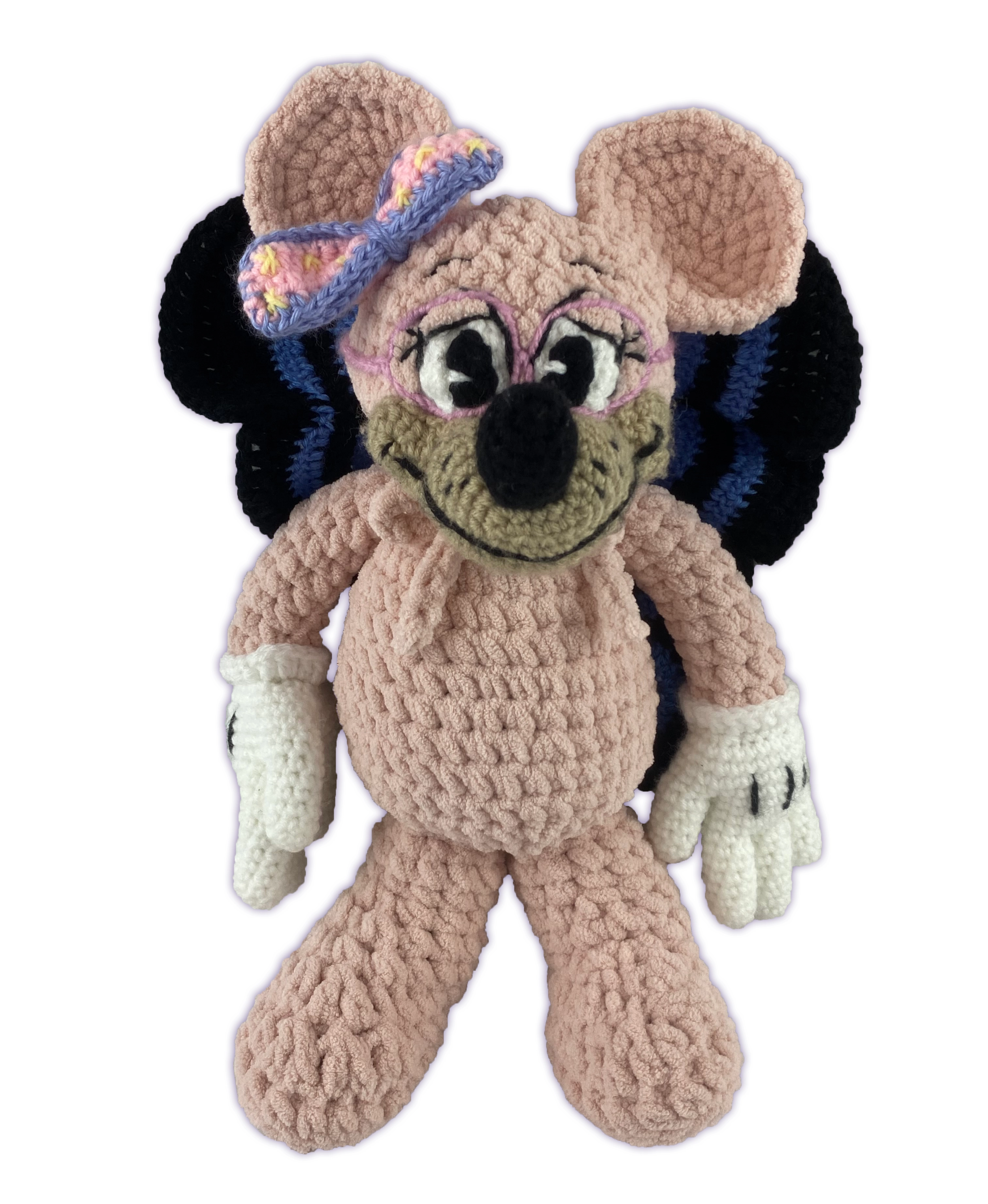 Handmade crochet mouse toon plush with removable butterfly wings, sewn-on glasses and bow