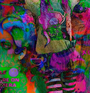 Oddities Museum: a glitchy neon collage of a Victorian queen and a scene queen