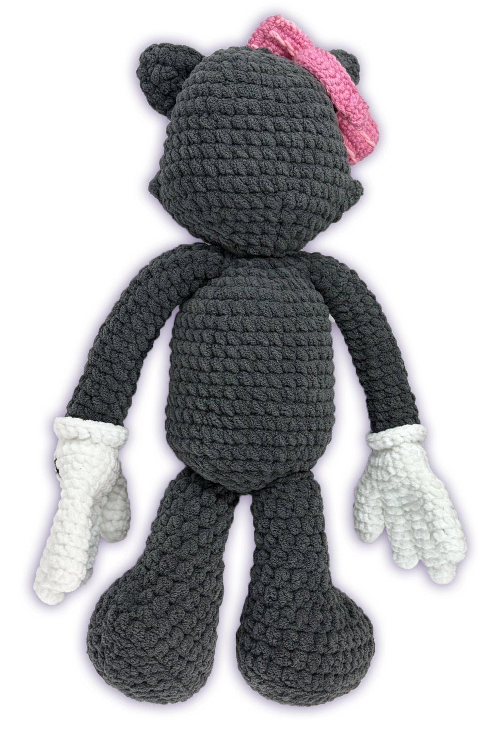 Back view of Pancake crochet toon plush, handmade stitch construction