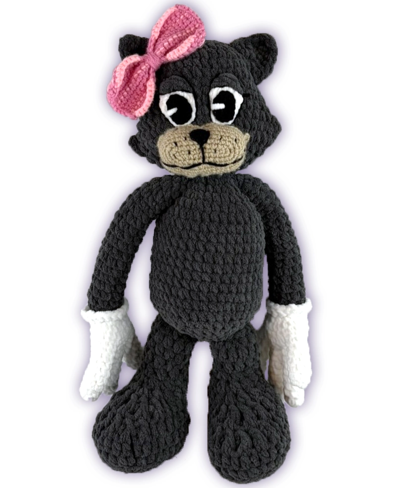 Handmade crochet Pancake Toontown plush, dark grey cat toon with removable Velcro bow
