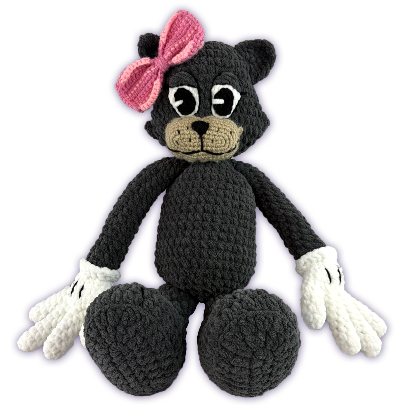 Pancake crochet toon plush sitting view, dark grey cat toon handmade detail