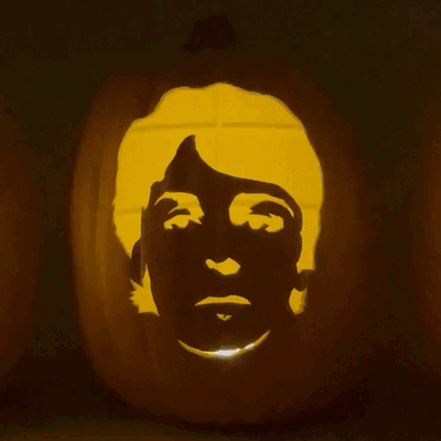 Foam pumpkin Halloween carving of Paul McCartney, cut with a hot knife from a Photoshop-designed silhouette