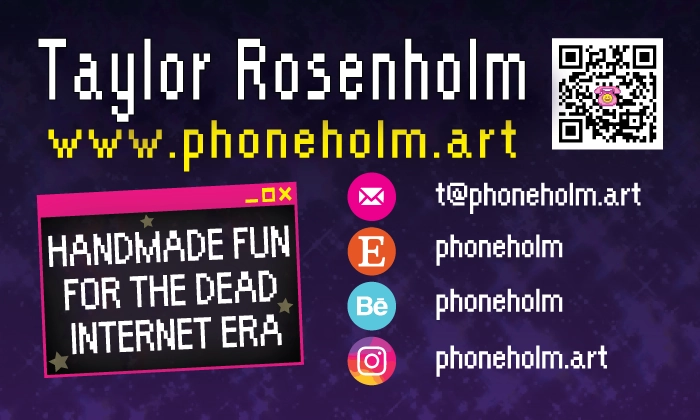 phoneholm.art business card back design, contact information with retro branding