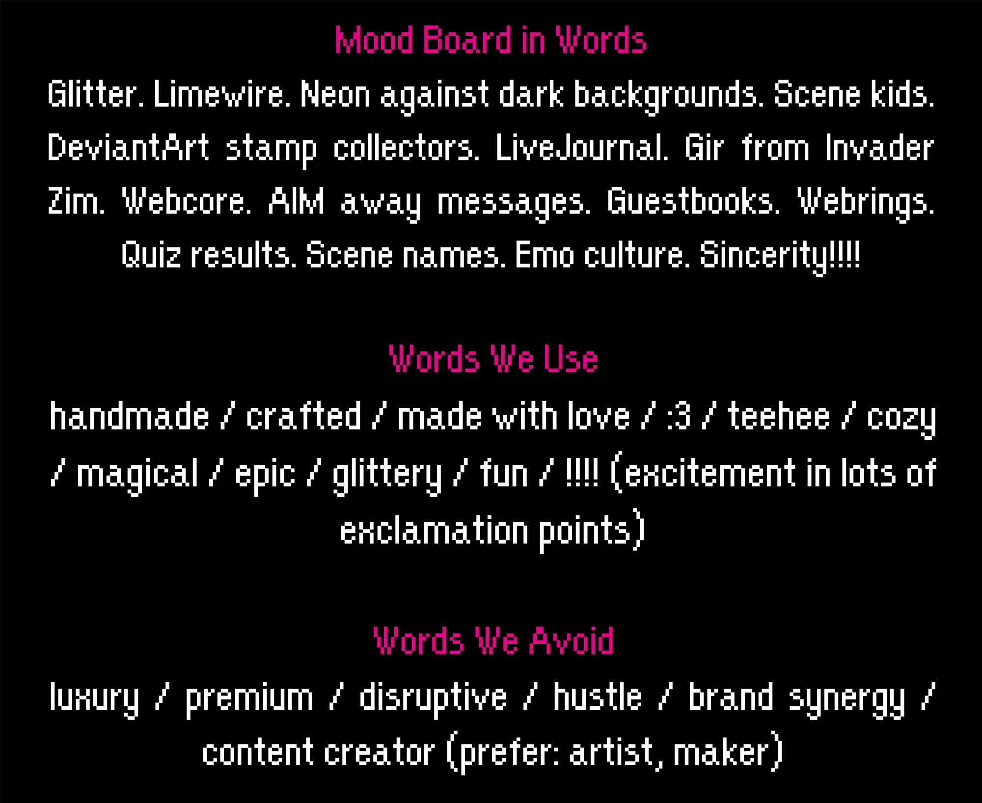 phoneholm.art brand voice mood board, list of words used and avoided in brand messaging