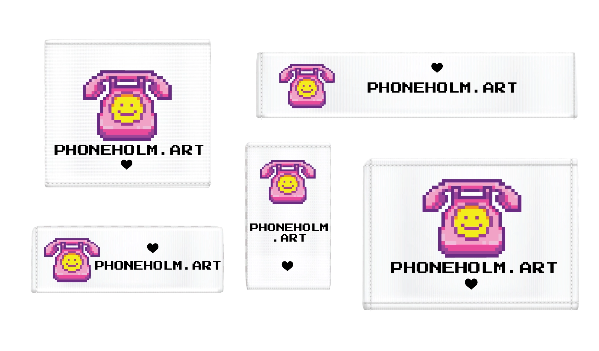 Mockup of woven clothing tags for phoneholm.art, handmade brand label design