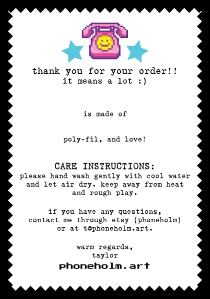 phoneholm.art thank you for your order note, front side with typewriter font design