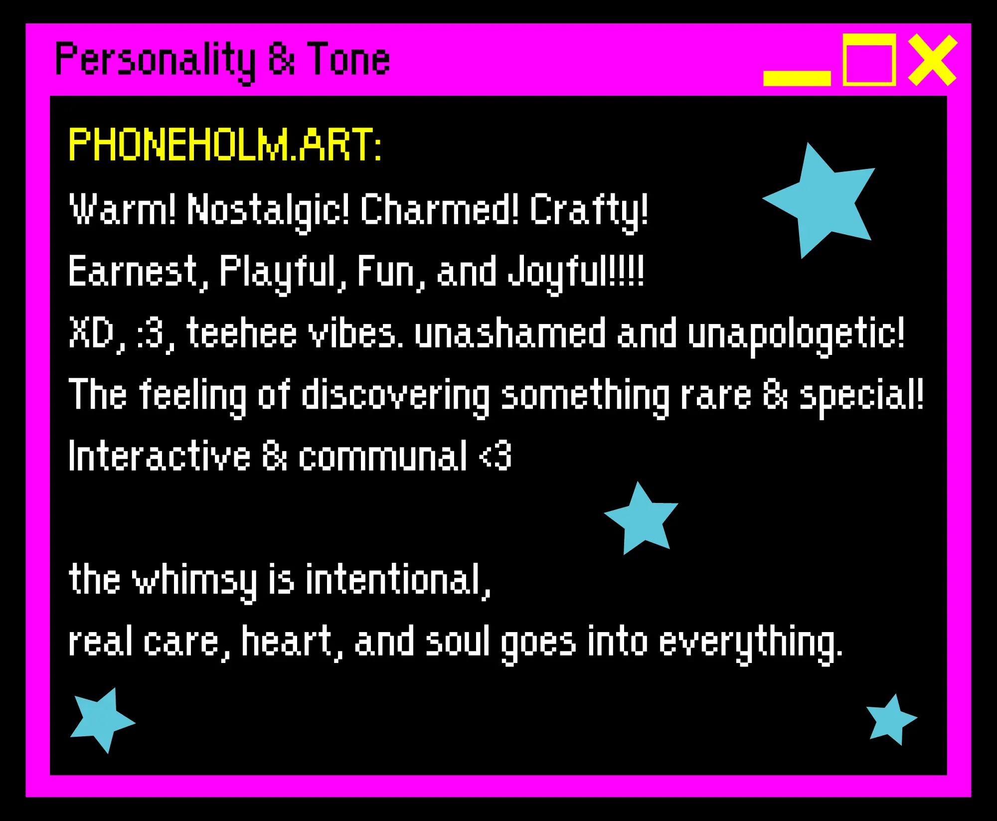 phoneholm.art brand personality mood board, whimsical tone and voice guide