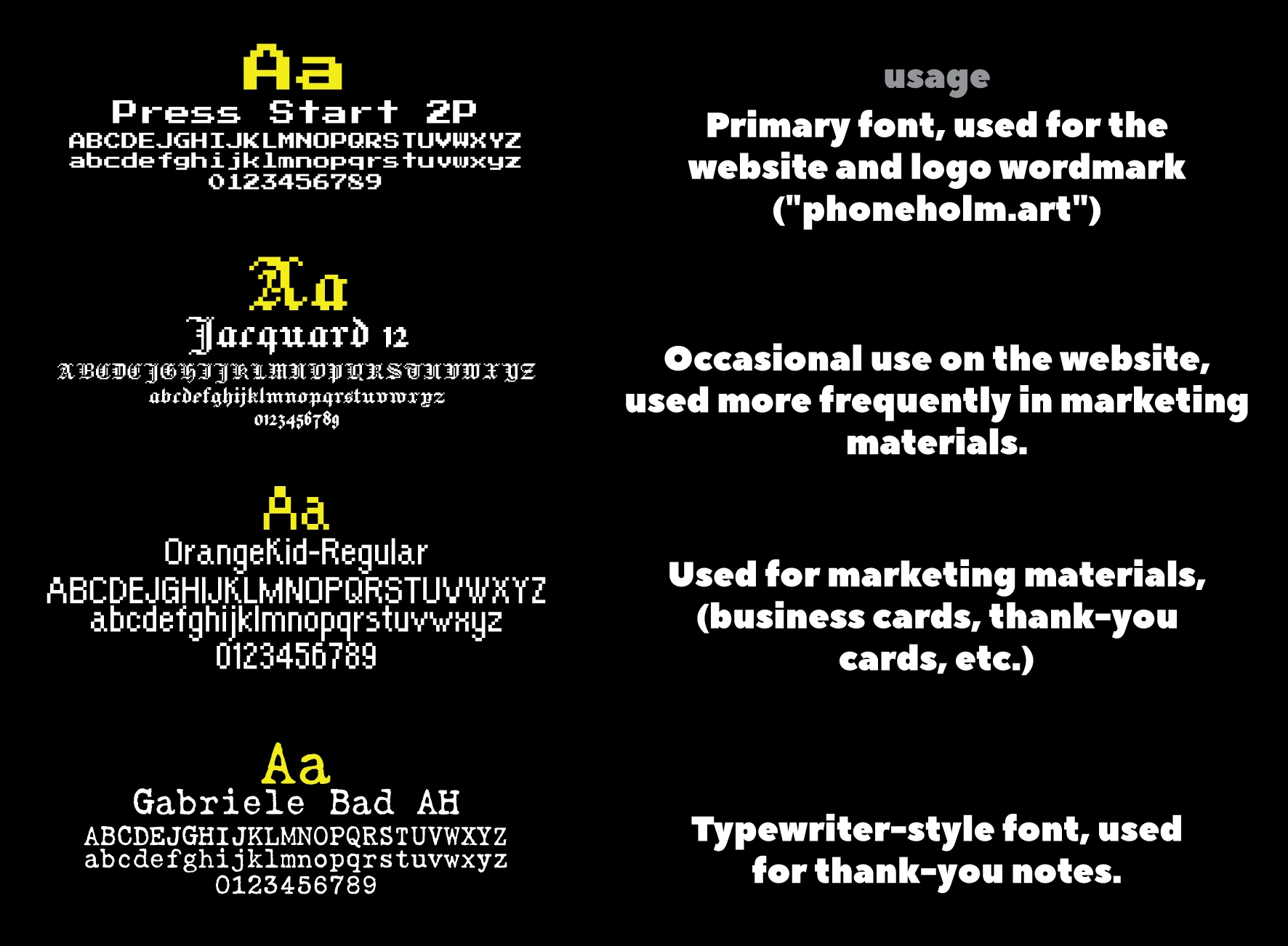 phoneholm.art brand typography guide, fonts used across site and design materials