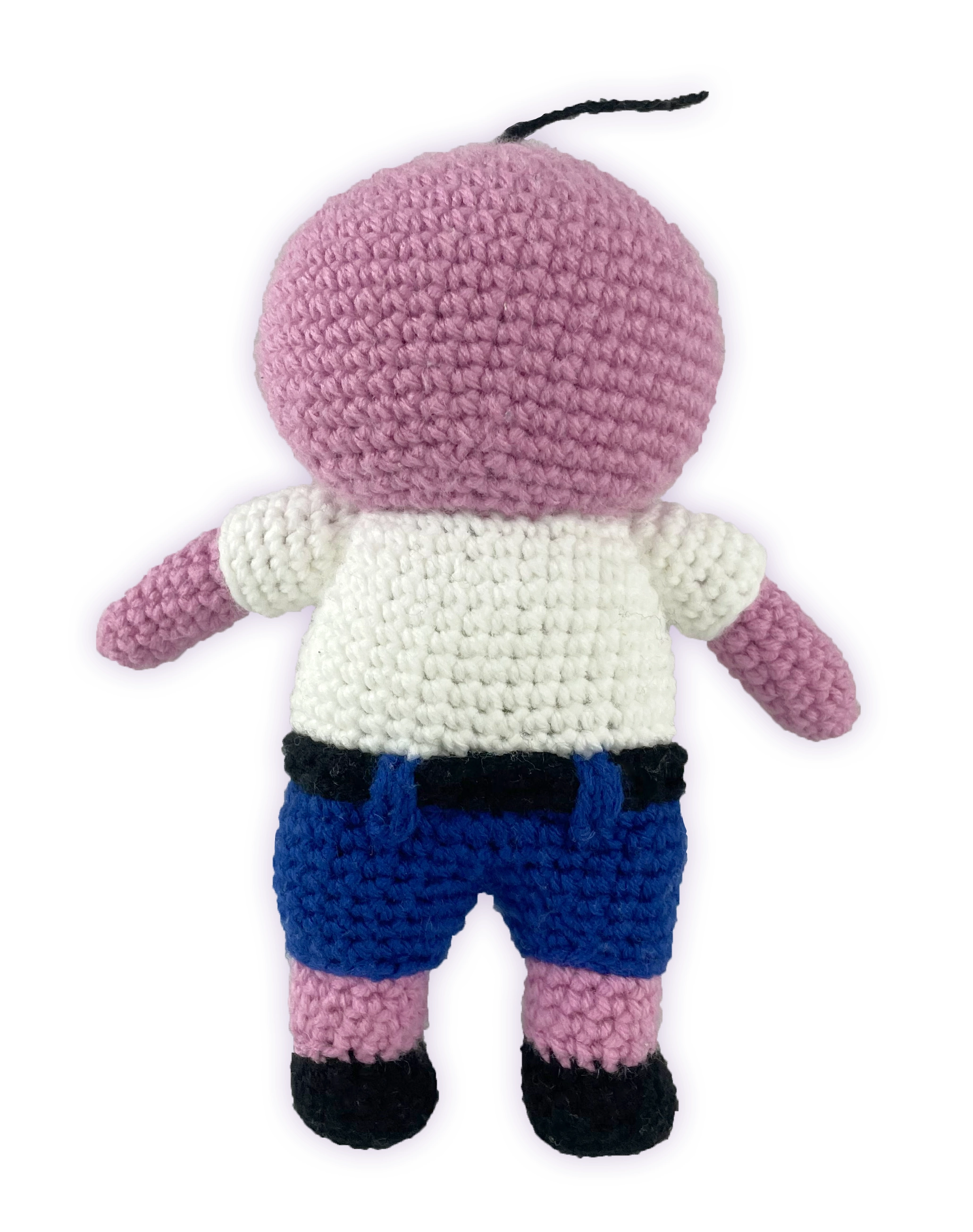 Back view of crochet Pim plush toy, handmade amigurumi stitch detail