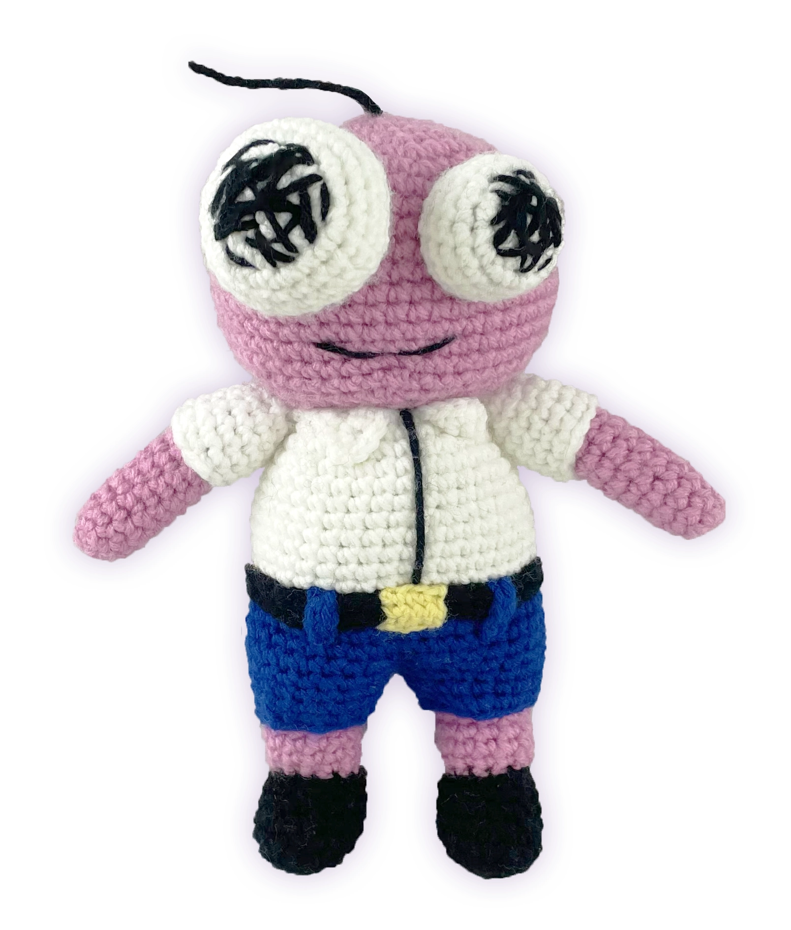 Handmade crochet Pim plush from Smiling Friends, front view amigurumi character design