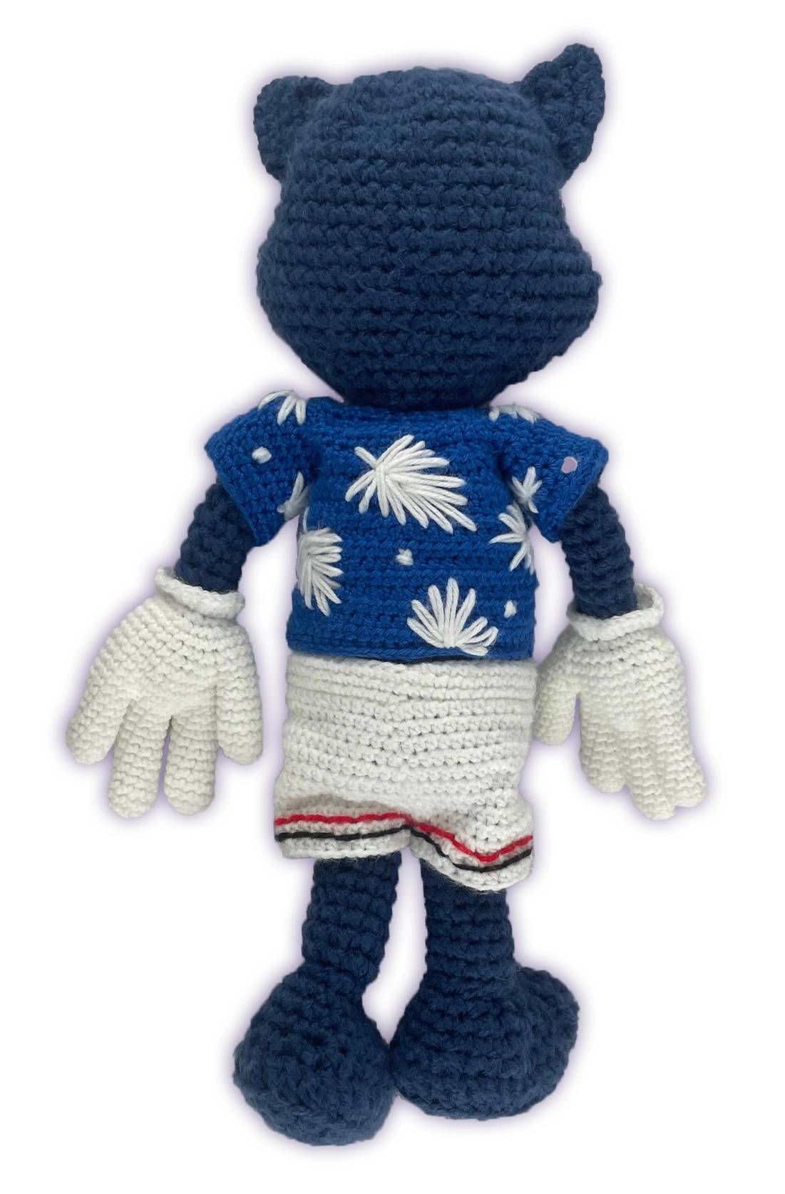 Back view of crochet Pixie Toontown plush, blue cat toon in handmade removable outfit