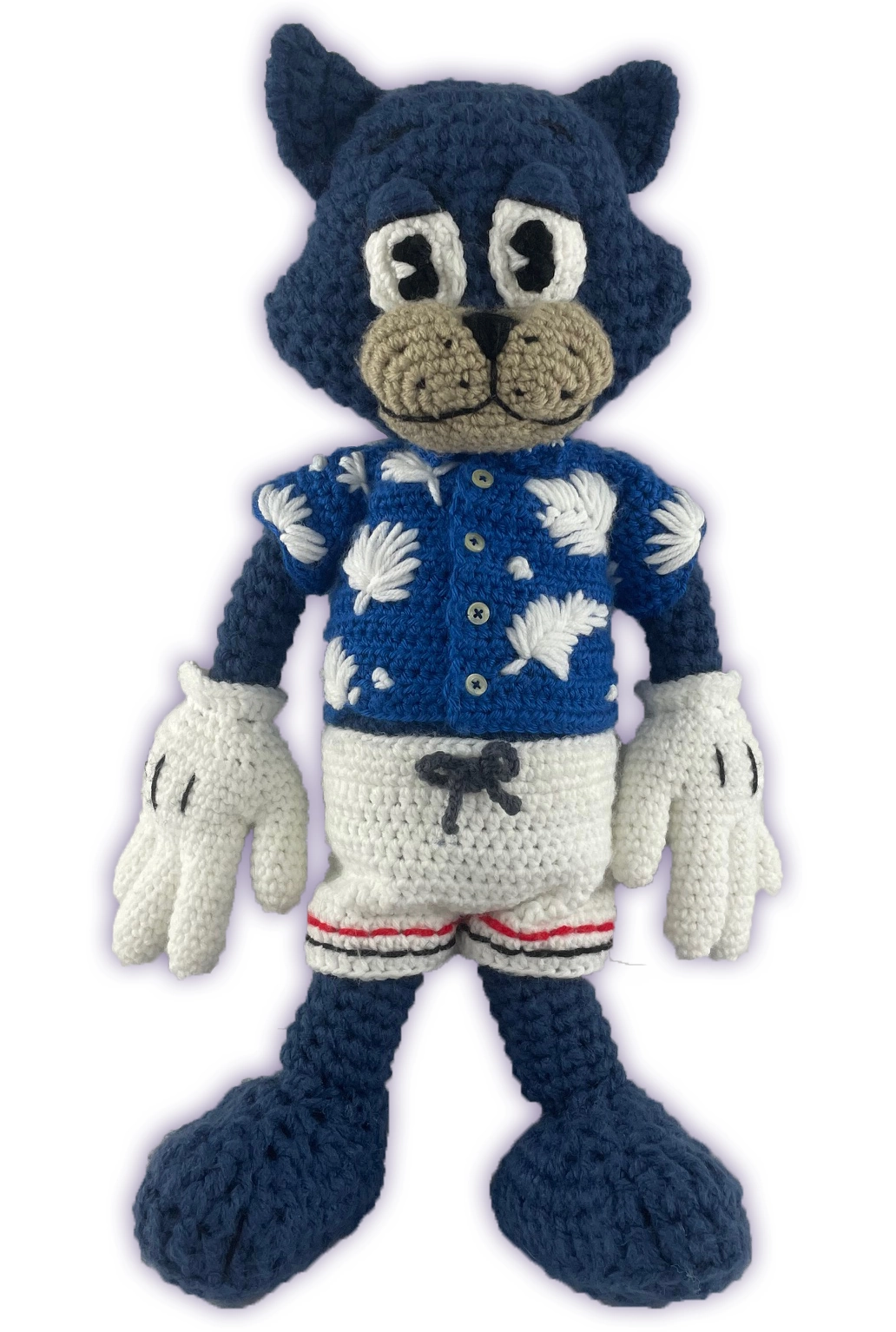 Handmade crochet Pixie Toontown Rewritten plush, blue cat toon wearing removable button-up shirt and shorts