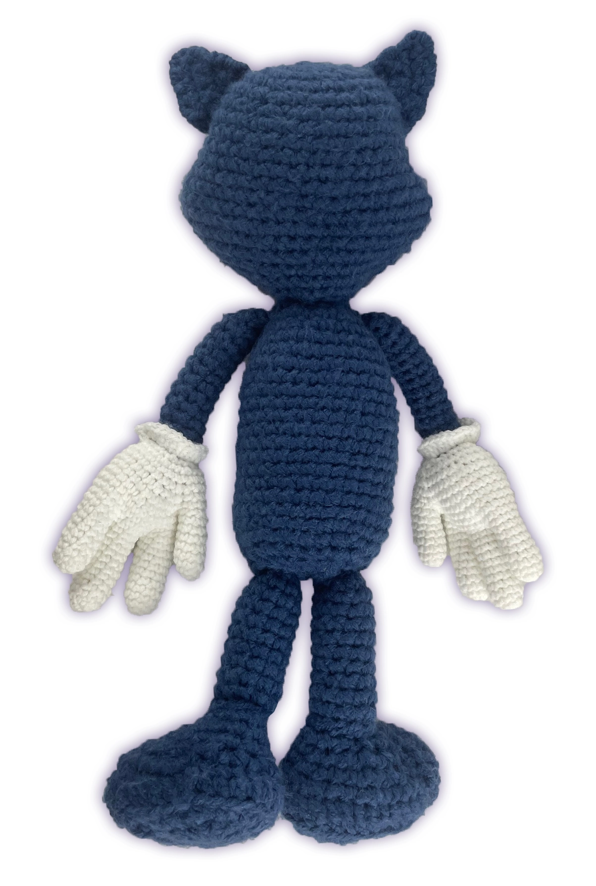 Back view of unclothed crochet Pixie Toontown plush, blue cat toon body construction