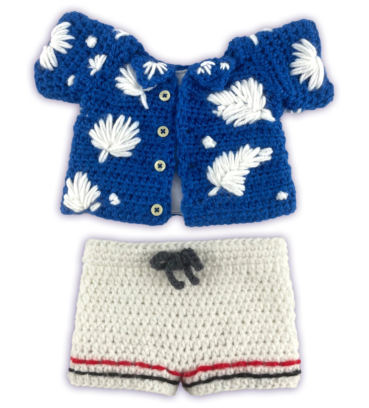Handmade crochet outfit for Pixie Toontown plush, button-up shirt with hand-stitched flowers and striped gym shorts