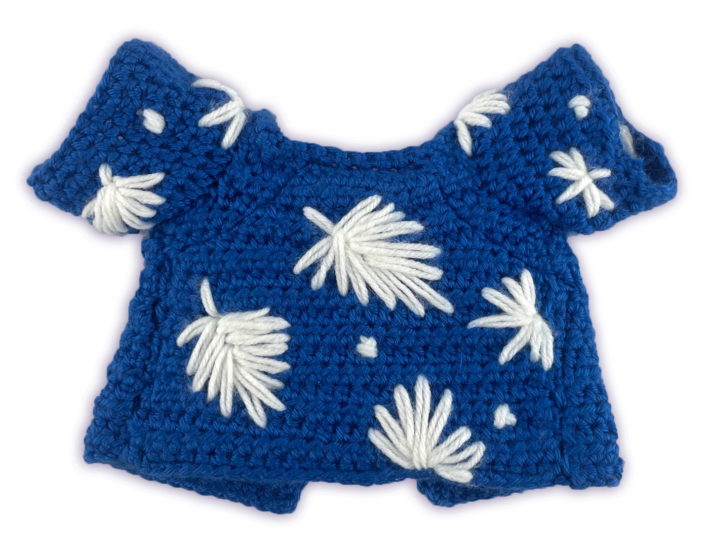Back view of crochet button-up shirt for Pixie Toontown toon plush, half double crochet construction