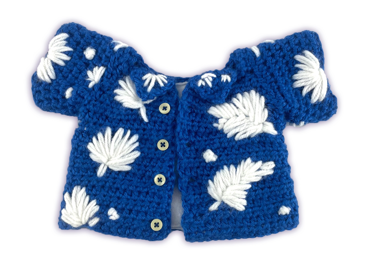 Crochet button-up shirt for Pixie Toontown toon plush, front view with hand-stitched white flower details