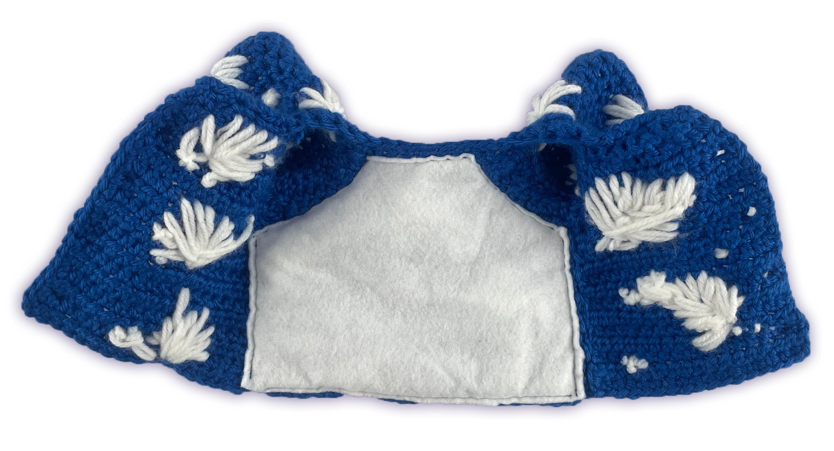 Inside view of crochet Pixie toon shirt, showing white felt lining machine-sewn for structure