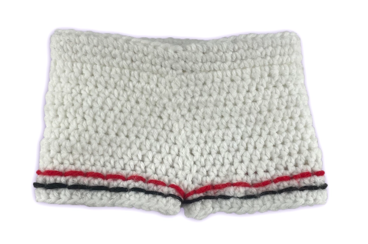 Back view of crochet gym shorts for Pixie Toontown toon plush, striped design with drawstring detail