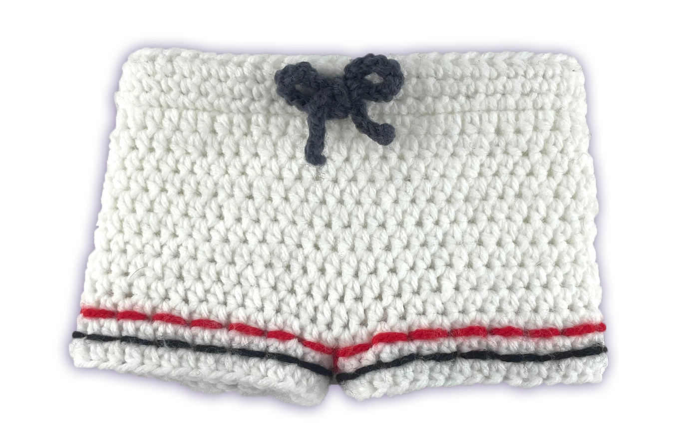 Crochet gym shorts for Pixie Toontown toon plush, front view with hand-stitched stripe detail