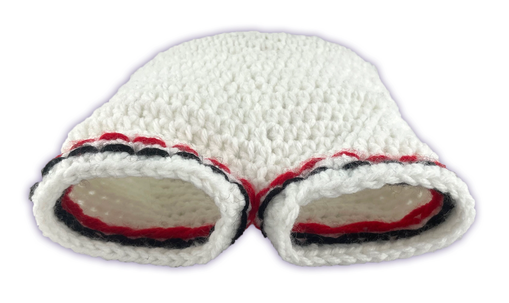 Inside view of crochet gym shorts for Pixie toon plush, showing elastic waistband construction