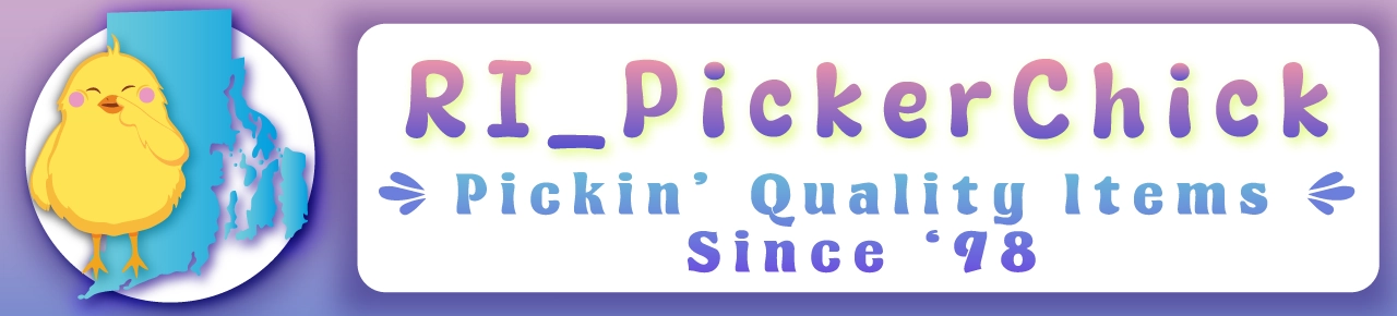 RI_PickerChick eBay store header design, branded banner featuring chick mascot and Rhode Island state outline. "Pickin' Quality Items Since '98"