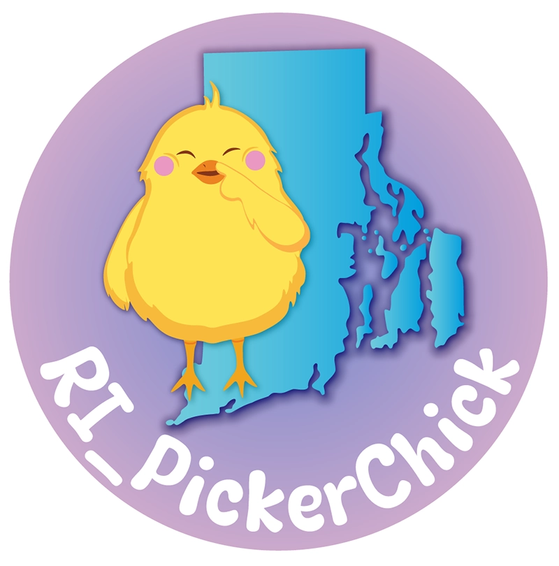 RI_PickerChick logo and branding design, cartoon chick mascot with Rhode Island state outline, playful eBay seller branding since 1998