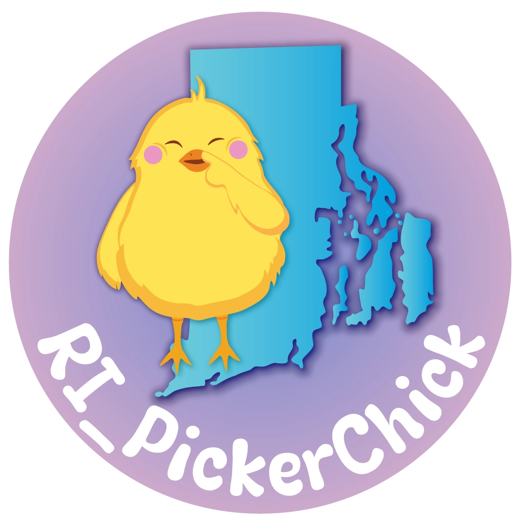 RI_PickerChick logo, cartoon chick mascot picking its nose in front of Rhode Island state outline, playful eBay seller branding since 1998
