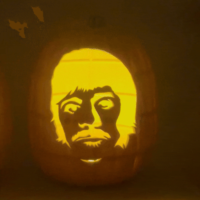 Ringo Starr face carved into foam pumpkin, part of a hand-carved Beatles Halloween set