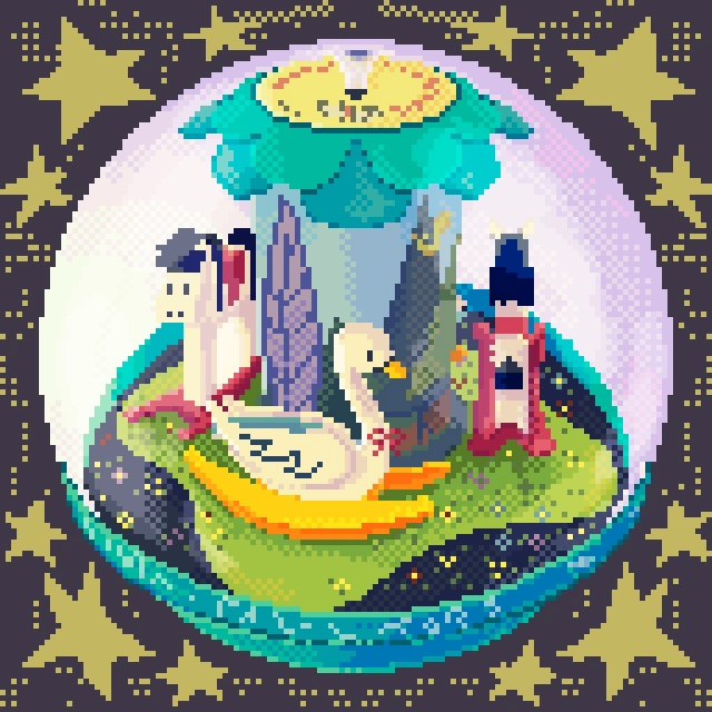 Pixel art of vintage Fisher Price Roly Chime Ball, thrifted retro toy reimagined in Aseprite, swans and rocking horse