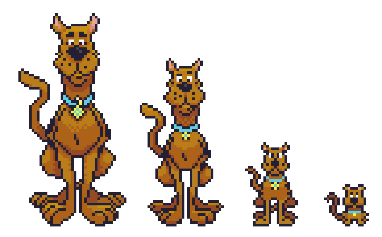 Scooby-Doo pixel art rendered at 81px, 64px, 32px, and 16px resolutions, multi-scale pixel art study created in Aseprite