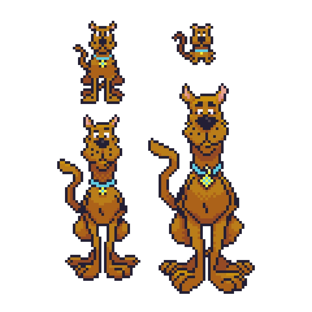 Scooby-Doo pixel art study, character rendered across multiple resolutions thumbnail