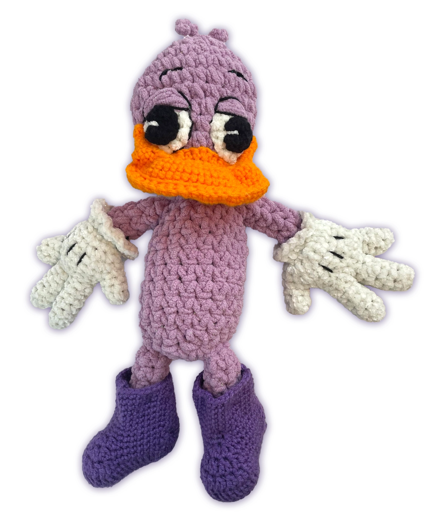 Handmade crochet Sofie toon plush, sparkly bulky yarn with acrylic beak accents and attached boots