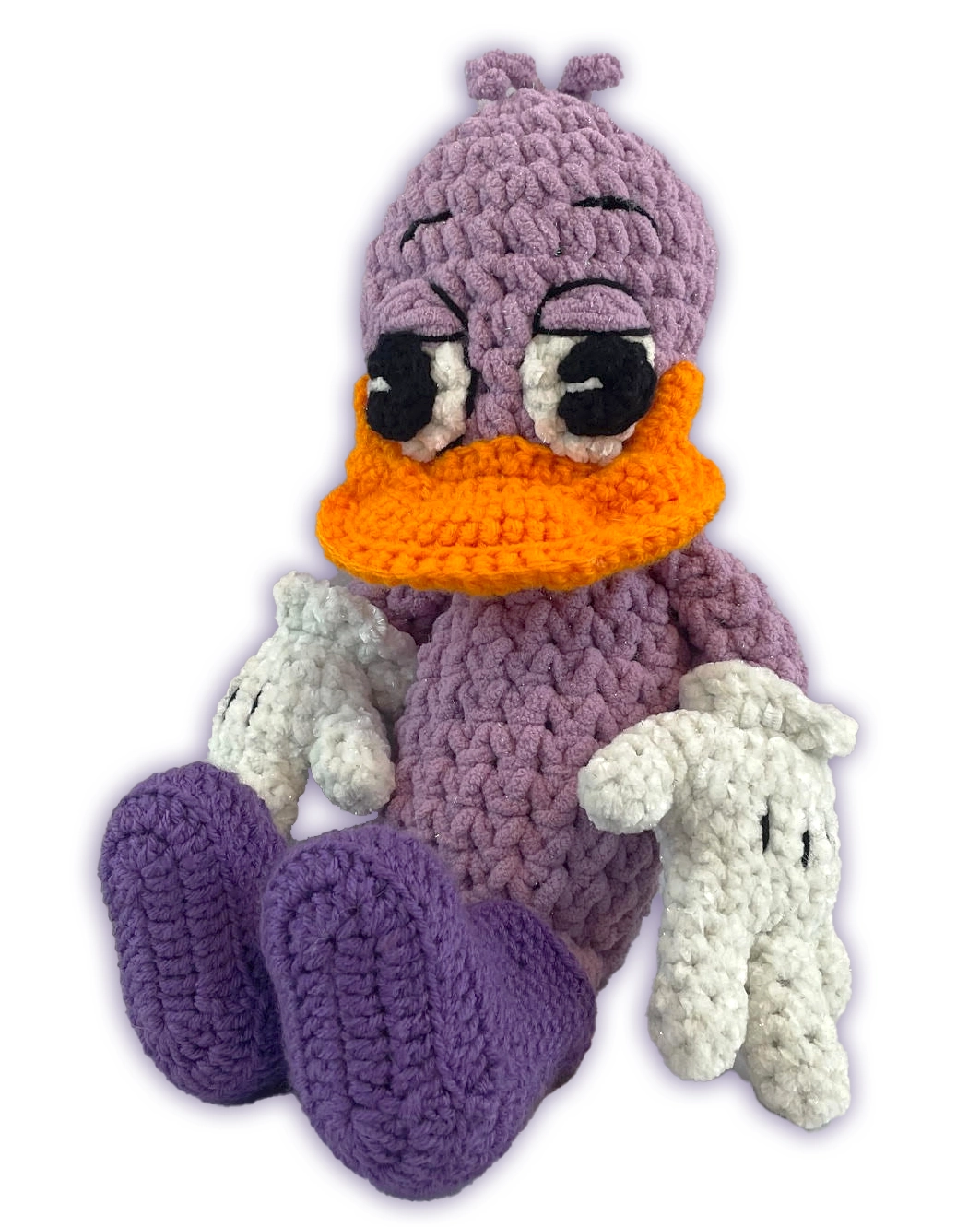 Duck crochet toon plush sitting view, handmade sparkly toon design