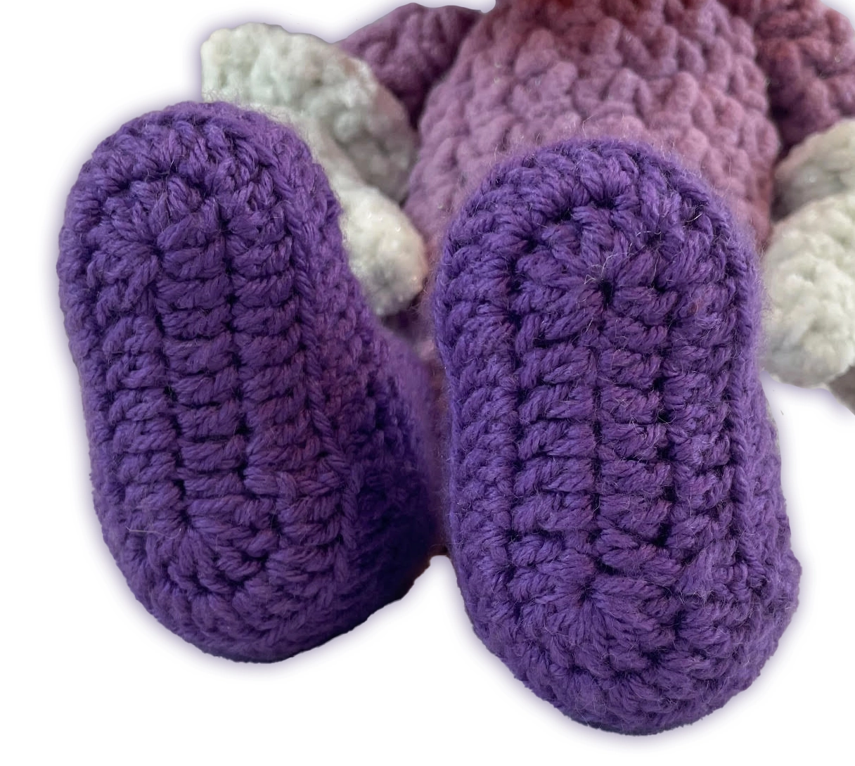 Underside detail of Sofie crochet toon plush boots, attached construction